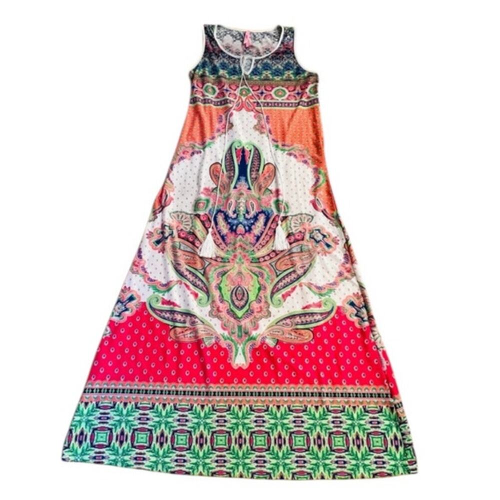 MAGIC Boho Maxi Dress Sleeveless Multicolor Paisley Tribal Print Tassel Women‎ L